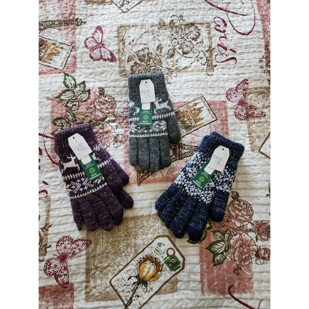 Set Of 3 Women's‎ SNOWFLAKE FAIR ISLE TOUCH GLOVE Blue, Gray and Purple